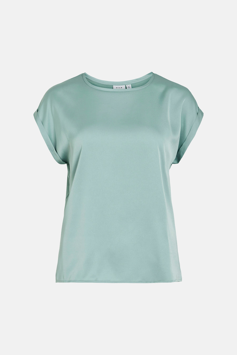 Blauw T-shirt van VILA, met korte, opgerolde mouwen en een gladde textuur.
