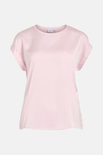 T-shirt rose à manches courtes de VILA, avec des manches retroussées et un tissu lisse et uniforme.