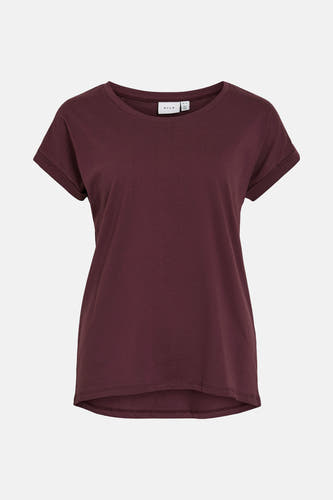 T-shirt violet à manches courtes de VILA, avec des manches retroussées et une coupe droite.