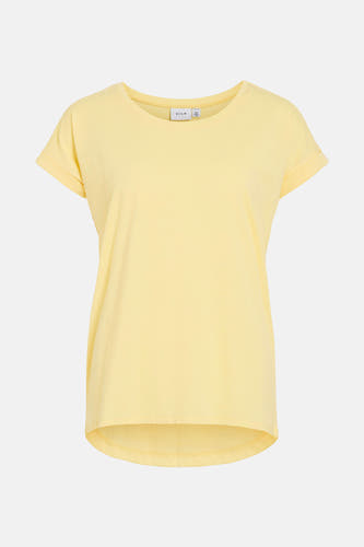 T-shirt jaune à manches courtes de VILA, avec des manches retroussées et un col arrondi.