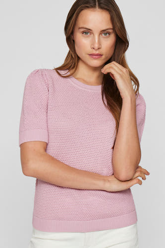 T-shirt rose de VILA, avec des manches courtes et une texture tissée.