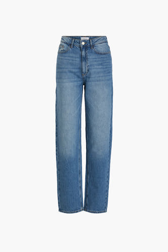 Jean droit en denim bleu moyen de VILA, avec une coupe five-pocket classique et un lavage subtil.