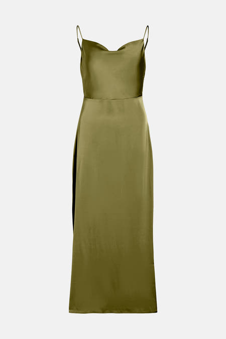 Robe sans manches verte de VILA®, avec des bretelles spaghetti et une texture lisse, soyeuse.