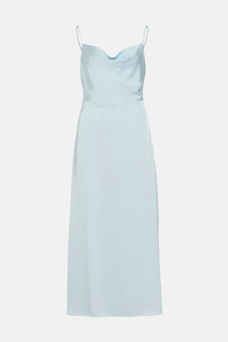 Blauwe mouwloze jurk van VILA, met een gladde, glanzende afwerking en dunne bandjes.
