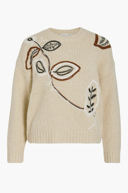 VIBRIDA O-NECK L/S EMBROIDERY KNIT TOP