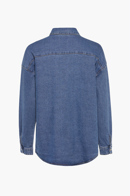 Donkerblauw jeanshemd van VILA®, met lange mouwen en een klassieke kraag, gezien vanaf de achterkant.
