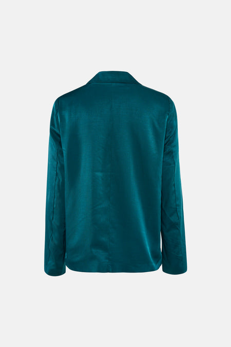 Groene blazer van VILA, gemaakt van glanzende stof, getoond vanaf de achterkant.