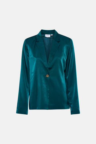 Groene satijnen blazer van VILA met revers, een knoopsluiting en lange mouwen, plat gelegd.