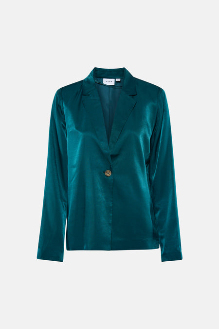 Groene satijnen blazer van VILA met revers, een knoopsluiting en lange mouwen, plat gelegd.