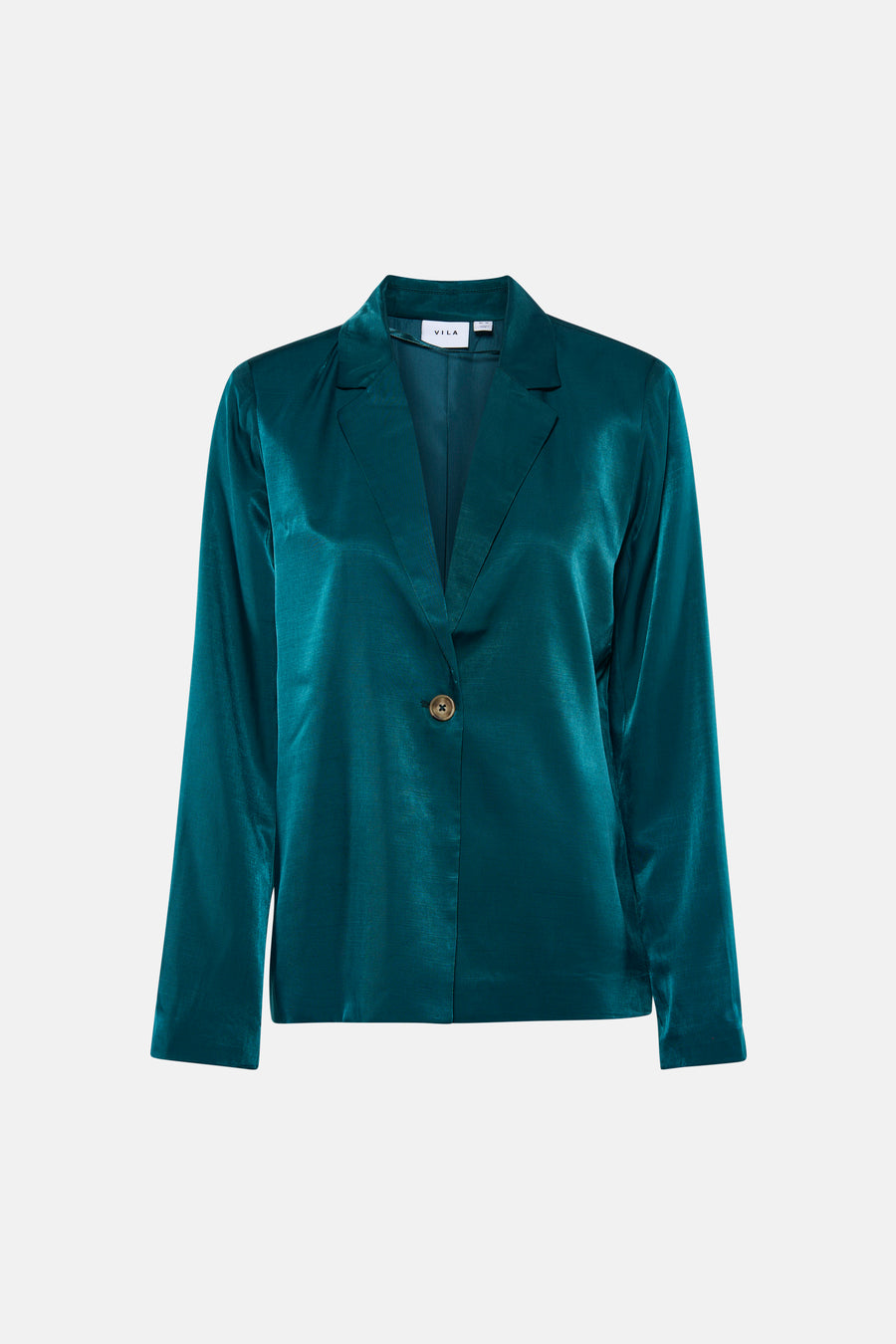 Groene satijnen blazer van VILA met revers, een knoopsluiting en lange mouwen, plat gelegd.