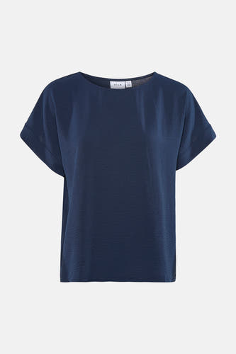 Donkerblauw T-shirt van VILA met ronde hals, korte opgerolde mouwen en subtiele textuur.