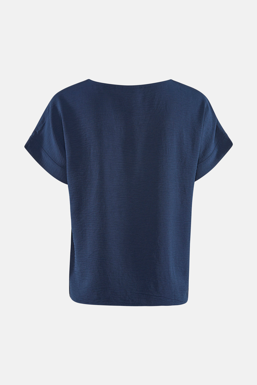 Blauw T-shirt van VILA® met gestructureerde stof, korte omgeslagen mouwen en wijde halslijn, achteraanzicht.
