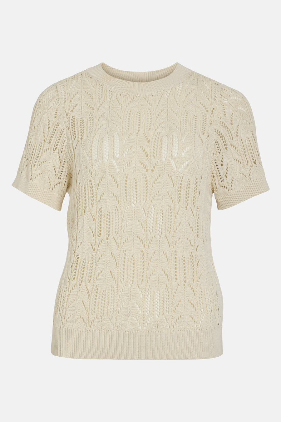 T-shirt écru avec col rond de VILA, avec un motif ajouré et des manches courtes.