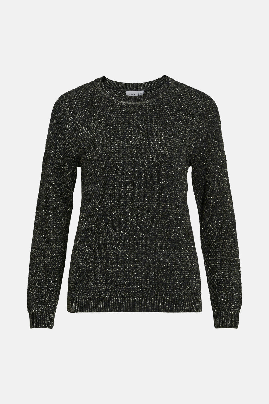 Zwarte trui met ronde hals van VILA, met een glinsterende, geweven textuur.