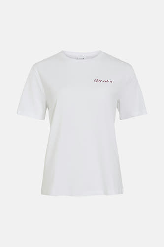 T-shirt blanc à manches courtes de Vila, avec un broderie "Amore" sur la poitrine.