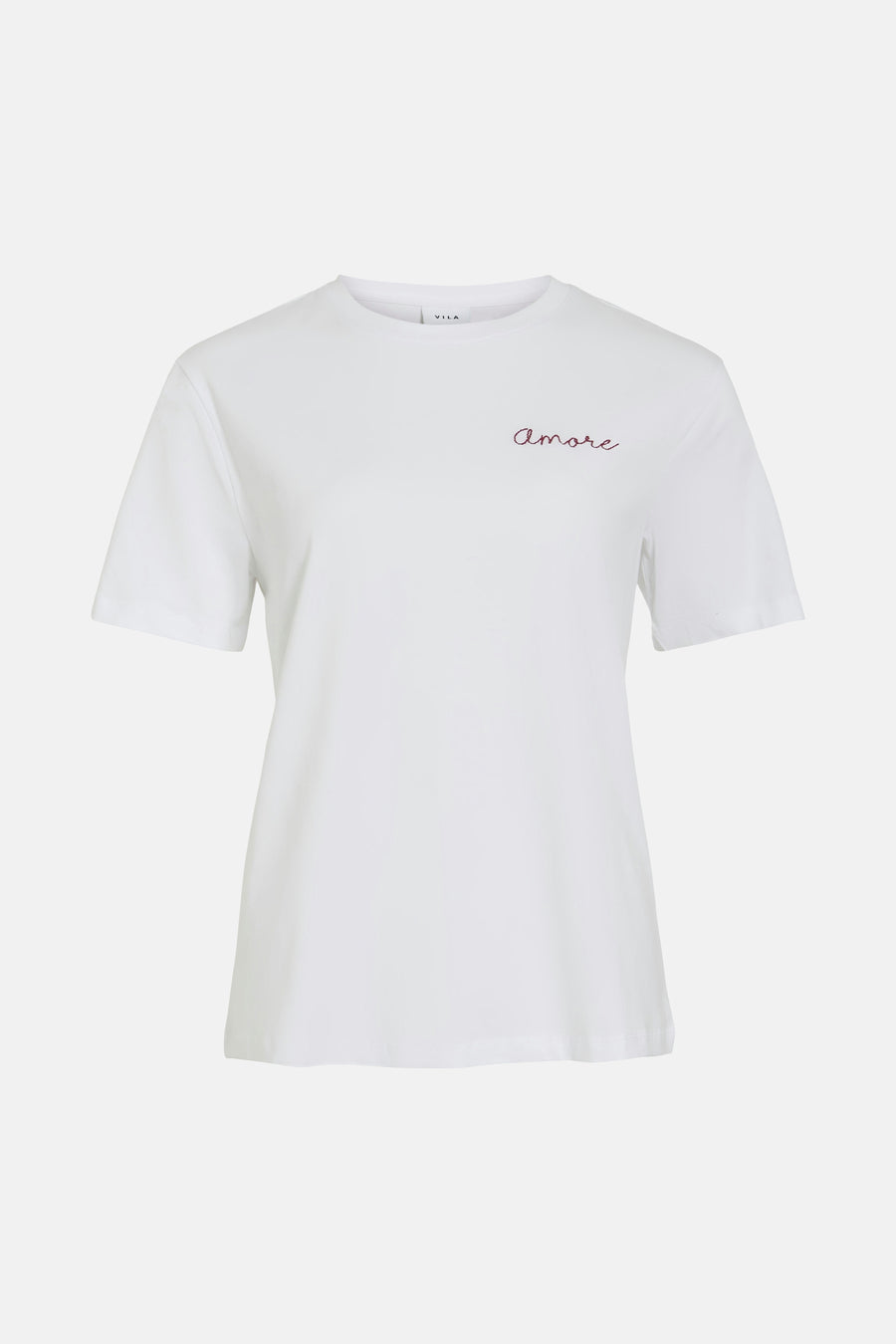 T-shirt blanc à manches courtes de Vila, avec un broderie "Amore" sur la poitrine.