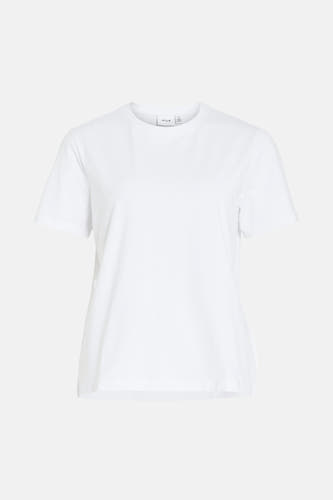 T-shirt blanc à manches courtes de VILA, tissu lisse avec un col rond.