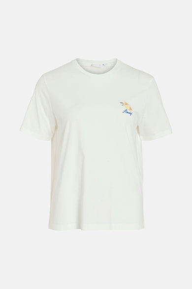 Wit T-shirt met korte mouwen van VILA, met een citroen en de tekst "Amalfi" geborduurd op de borst.