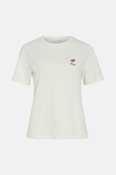 Wit T-shirt met korte mouwen van Vila, met een geborduurde watermeloen en "Ibiza"-tekst.