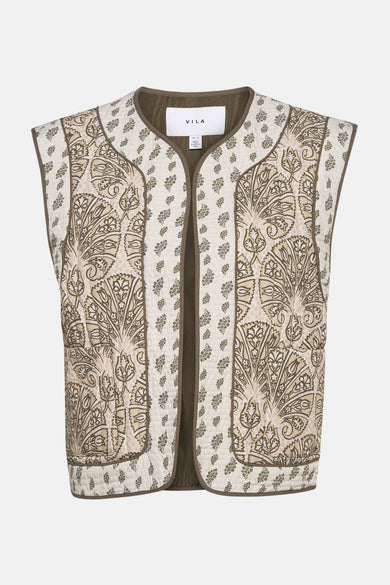 Multikleurig gilet van VILA, met paisley en bloemmotieven, afgewerkt met bruine biezen.