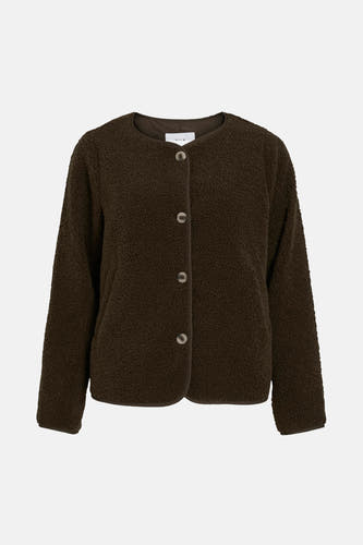 Bruine korte jas van VILA met knoopsluiting en zachte teddy textuur.