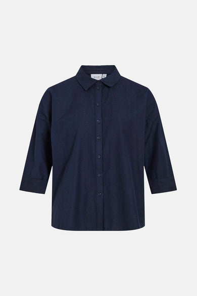 Chemise bleue marine à manches courtes de VILA®, dos avec détails frangés.