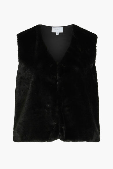 Zwarte cardigan van imitatiebont van VILA, met een mouwloos ontwerp en een V-hals.
