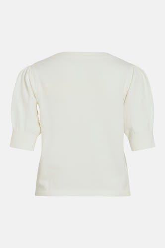 Witte trui met ronde hals van VILA®, met korte pofmouwen en fijne breistructuur, achterkant.