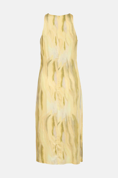 Mouwlloze gele jurk van VILA® met abstracte print en ritssluiting achter.