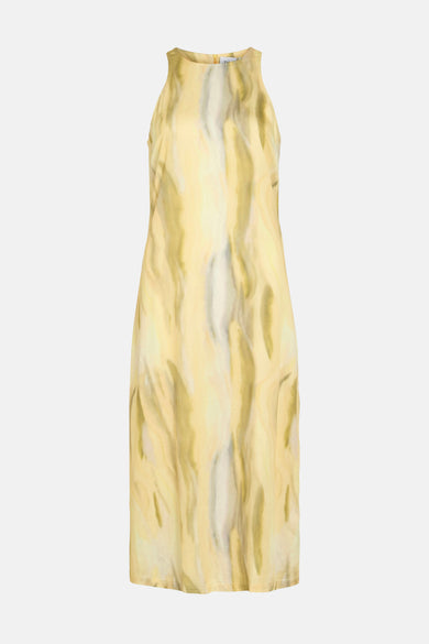 Gele mouwloze jurk van VILA®, met een abstract geel en groene print.
