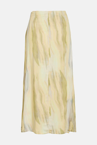 Geel, lange rok van VILA® met abstract, aquarel-achtig patroon in groen en gele tinten.
