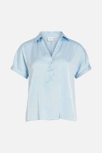 Chemisier bleu à manches courtes de VILA®, avec fermeture boutonnée et manches retroussées.