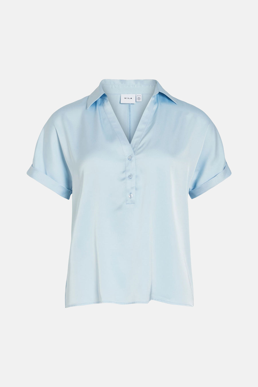 Chemisier bleu à manches courtes de VILA®, avec fermeture boutonnée et manches retroussées.