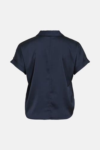 Blauw blouse met korte mouwen van VILA®, gezien van achteren met een effen, glanzende stof.
