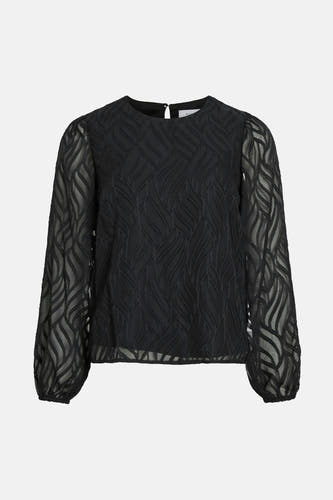 Zwarte blouse met lange mouwen van VILA, met een bladmotief en doorschijnende mouwen.
