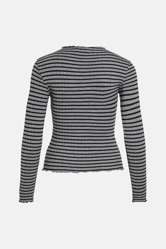 T-shirt gris rayé à longues manches de Vila, avec une texture côtelée et des bords ondulés.
