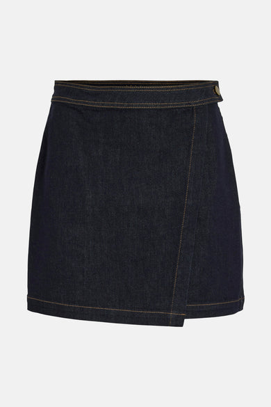 Jupe courte en denim bleu marine de VILA, avec des boutons dans une couleur contrastante.