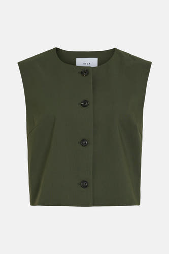 Groen gilet van Vila, met een knoopsluiting aan de voorkant en een mouwloos ontwerp.