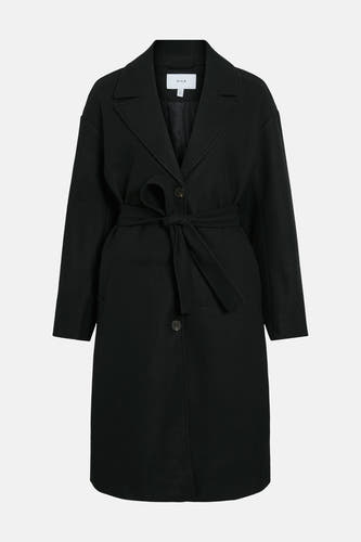 Manteau long noir de Vila, avec une ceinture et un fermoir à boutons.