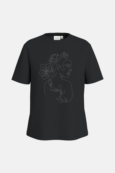 Zwart T-shirt met korte mouwen van VILA, met een witte lijntekening van een vrouw met bloemen.