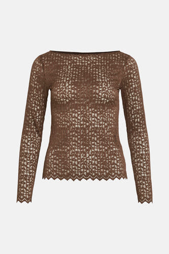 Bruin T-shirt met lange mouwen van VILA®, met een doorzichtige kanten textuur en een golvende zoom.
