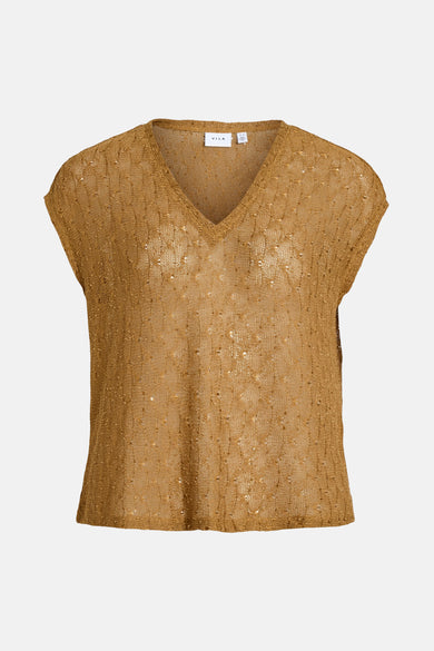 T-shirt marron à manches courtes de VILA®, avec une texture tricotée ouverte et des subtiles accents scintillants.