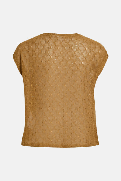 Bruin T-shirt met korte mouwen van VILA®, met een open gebreide textuur en subtiele glinsterende accenten.