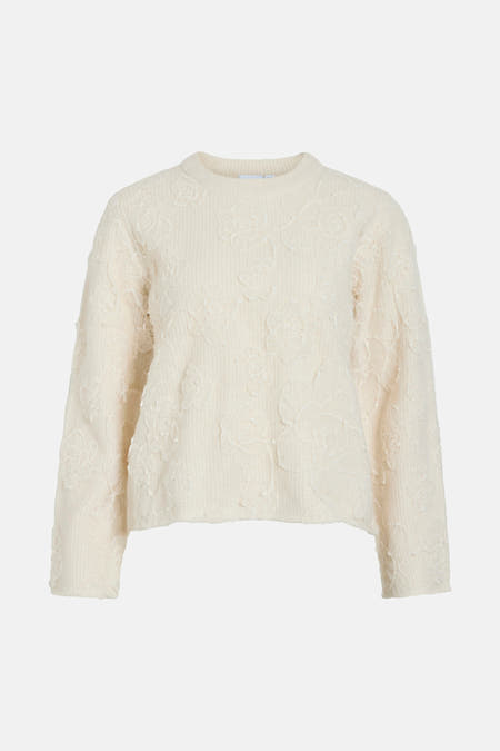 Ecru pull met ronde hals van VILA® met bloemenpatroon en lange mouwen.
