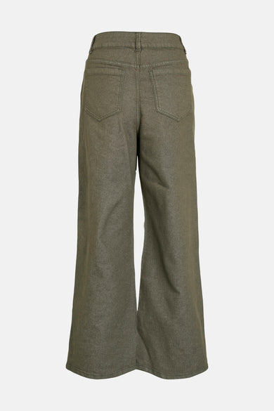 Kaki gekleurde jeans van VILA, met wijde pijpen en achterzakken.