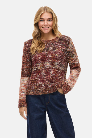 Multikleurige trui met ronde hals van VILA, met gemêleerd breisel en lange mouwen, gecombineerd met een donkere jeans.
