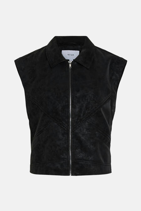Zwarte bodywarmer van VILA, met een rits aan de voorkant en een kraag.
