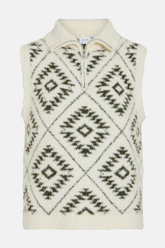 Gilet tricoté en écru de Vila, avec un motif géométrique et une col avec à fermeture éclair.