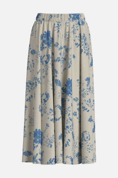 Blauwe rok van VILA®, met bloemenprint en elastische tailleband.
