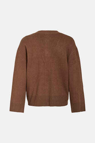 Bruin vest van VILA®, met lange mouwen en een effen gebreide textuur, gezien op de achterkant.
